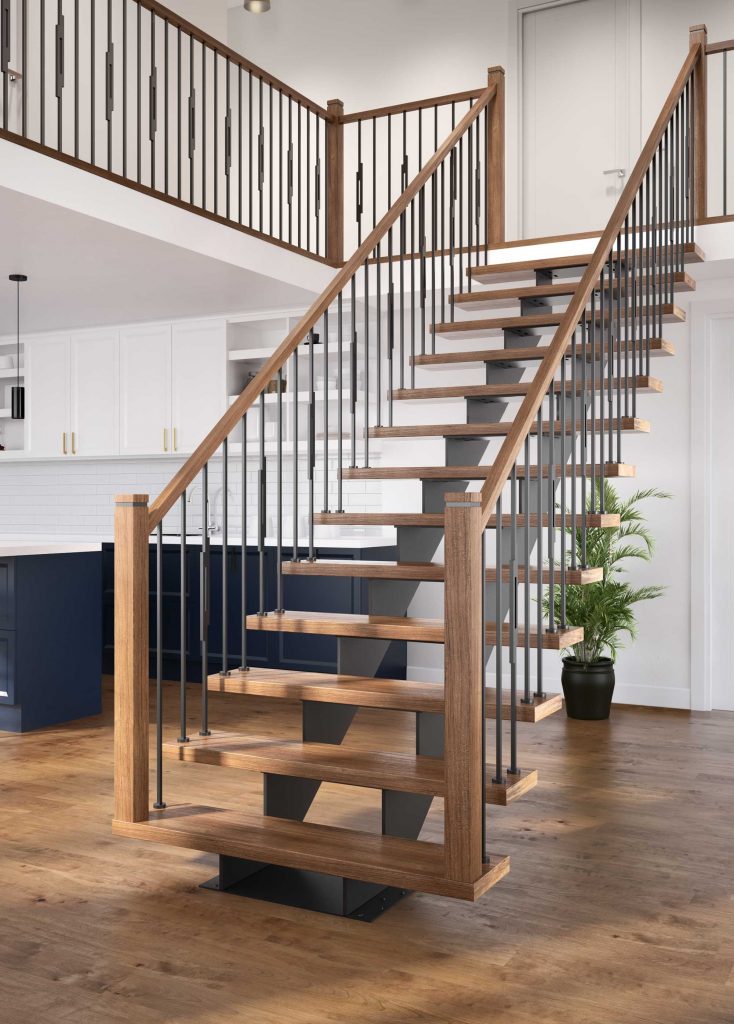 photo of stair with steel stringer, metal balusters and wood post and rail